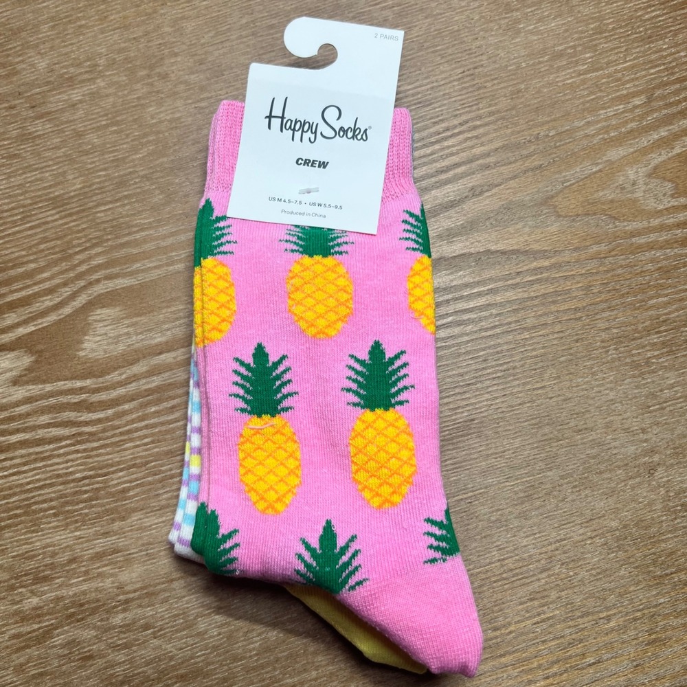 🌊Happy Socks 2 Pack Crew Socks Pineapple Pink Striped Women 5.5-9.5 Men 4.5-7.5